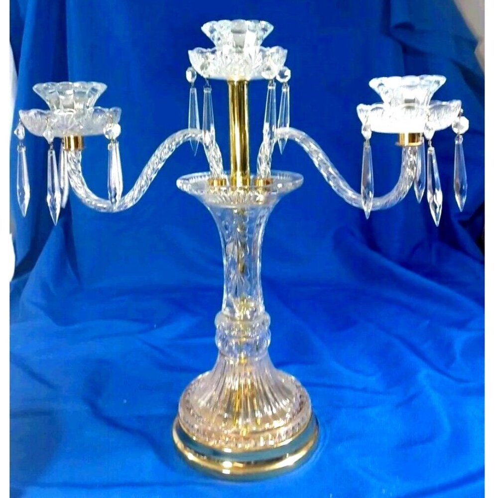 XL Cut Crystal 3 Arm Candlestick Candelabra Prisms Hollywood Regency MCM Brass - Picture 2 of 10
